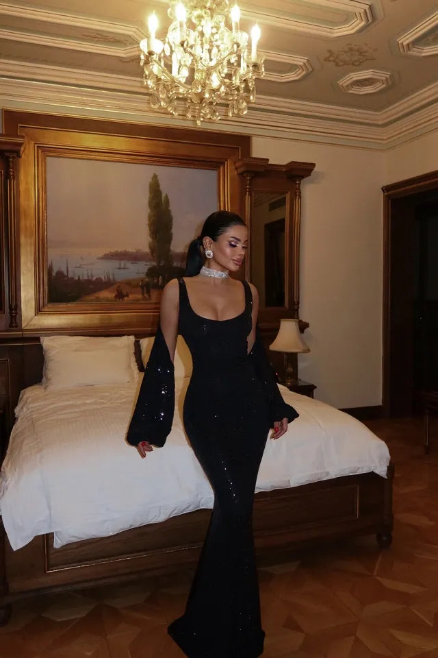Vestido elegante e sofisticado com brilho pedro