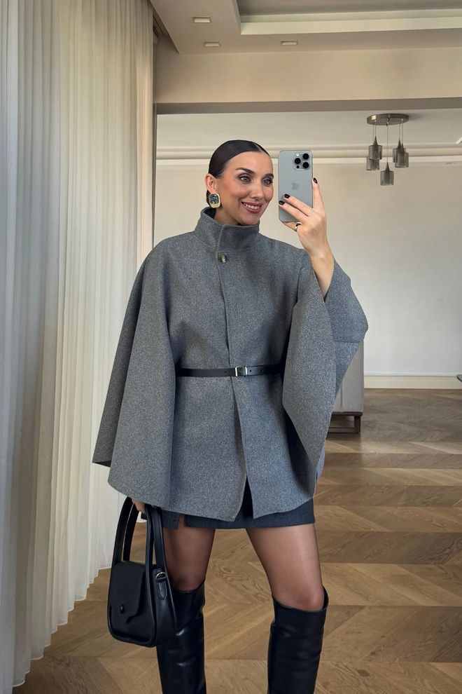 Poncho De Caxemira Com Cinto