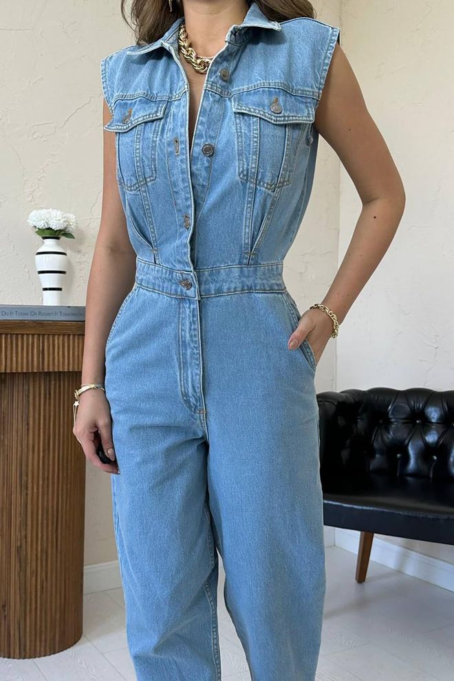 Macacão Azul Casual Sem Mangas