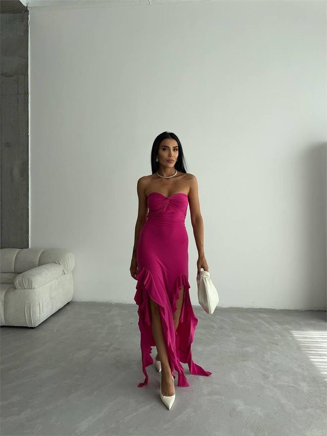 Vestido Sandy Sem Alças Com Fenda Fúcsia