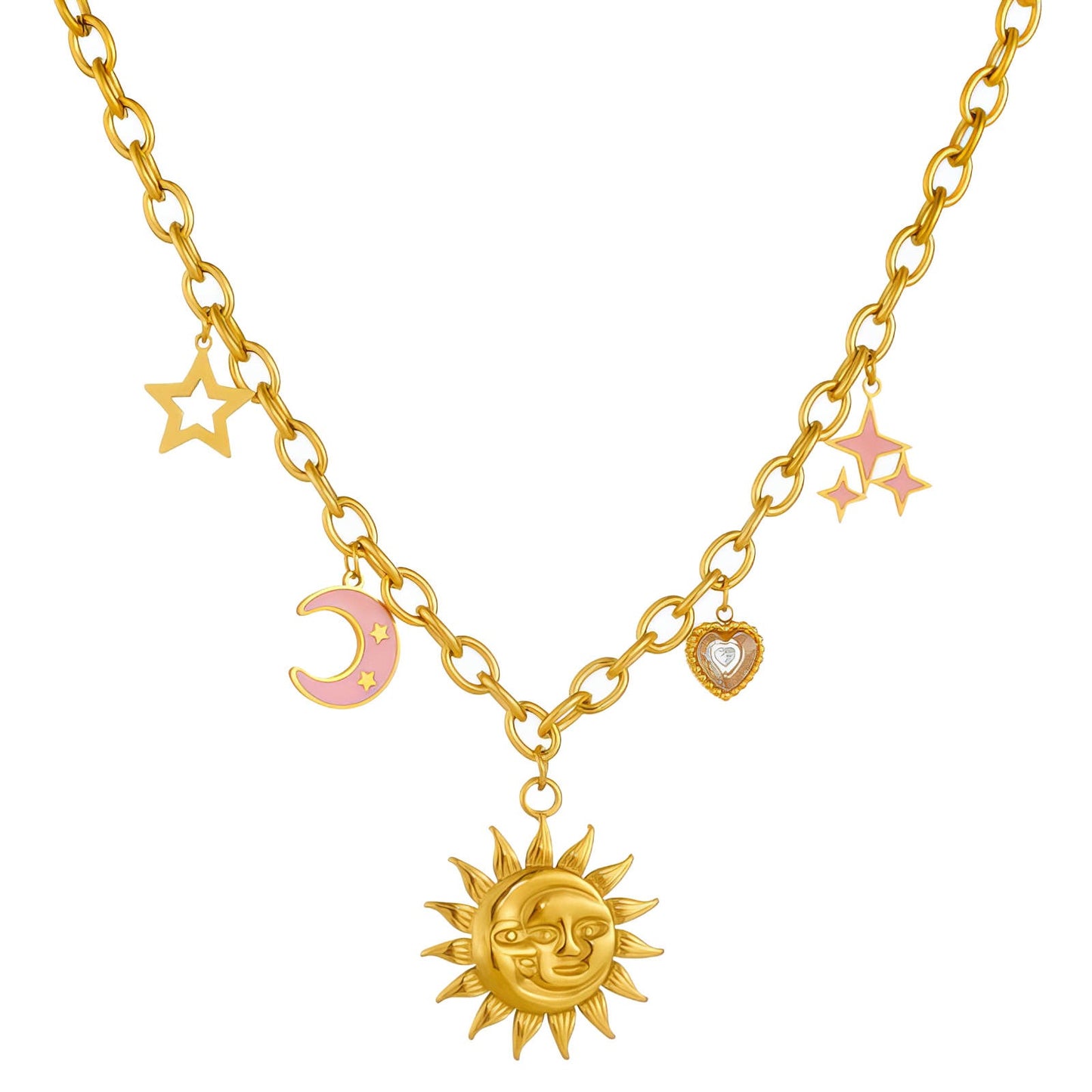 Colar "Crescente E Sol", Aço banhado a ouro 18K