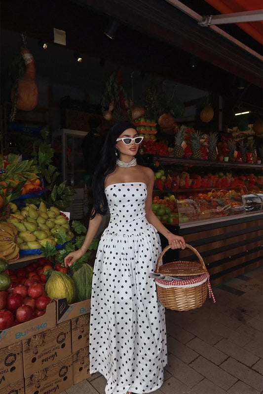 Vestido comprido de bolinhas