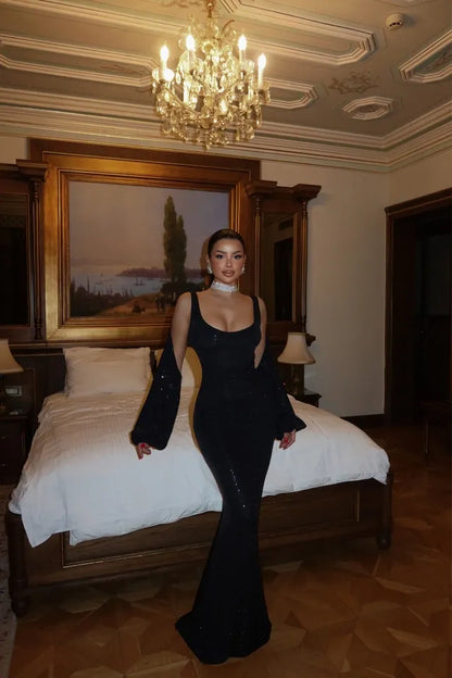 Vestido elegante e sofisticado com brilho pedro