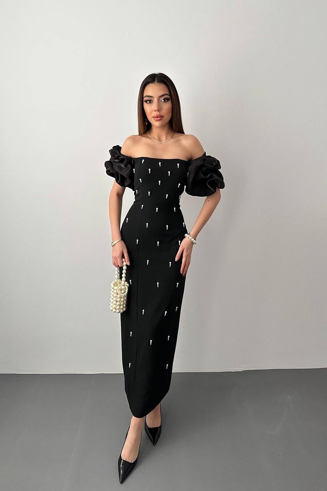 Vestido Mangas Balão com Pérolas