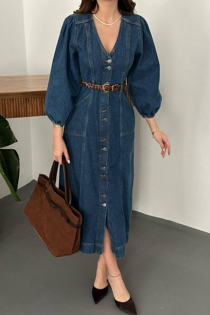 Vestido Jeans Manga Balão