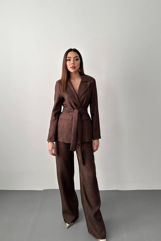 Jaqueta e Calça Com Cinto De Cintura Terno Brilhante