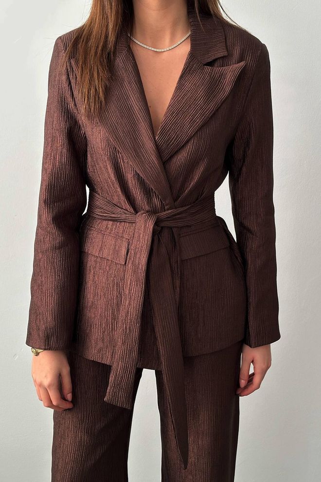 Jaqueta e Calça Com Cinto De Cintura Terno Brilhante