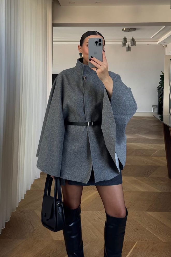 Poncho De Caxemira Com Cinto