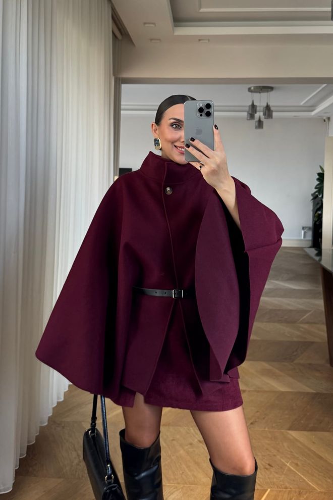 Poncho De Caxemira Com Cinto