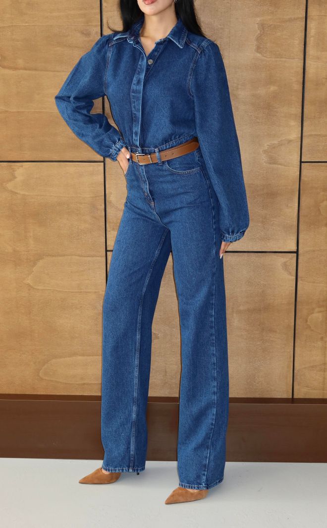 Macacão Azul Casual Com Bolso