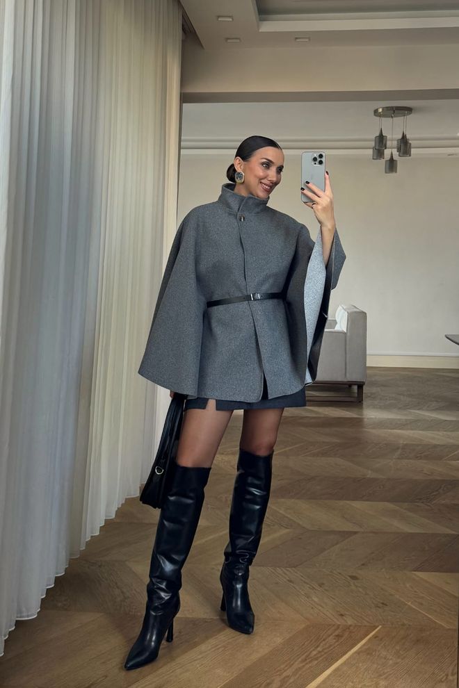 Poncho De Caxemira Com Cinto