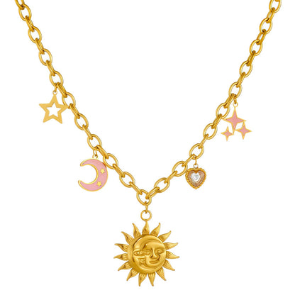 Colar "Crescente E Sol", Aço banhado a ouro 18K