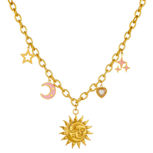Colar "Crescente E Sol", Aço banhado a ouro 18K